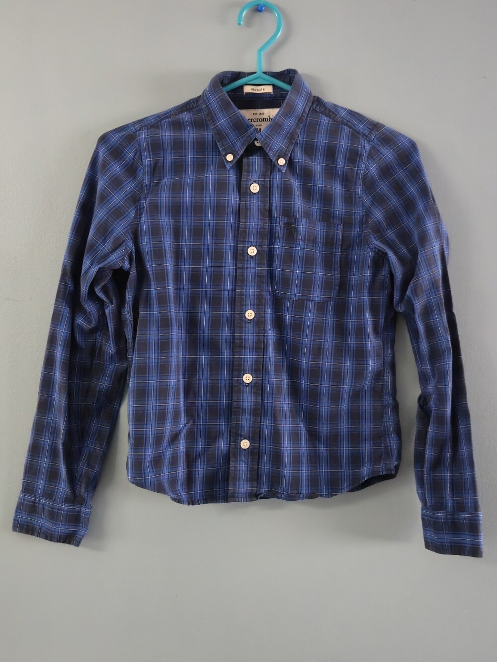 *Back To School* Abercrombie Kids Blue Plaid Button-Down Shirt (Med 11-12)